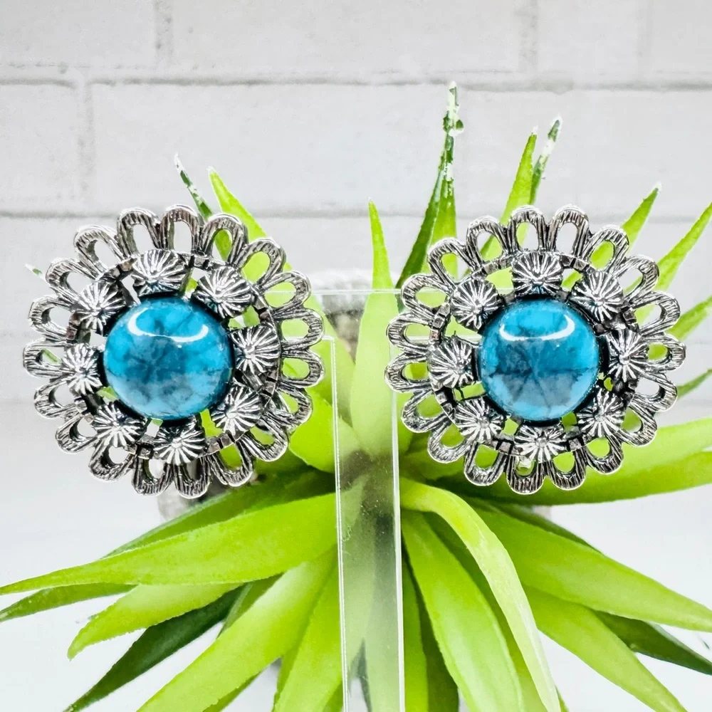 Vintage 70s Dark Faux Turquoise Medallion Antique Silver Tone Clip On Earrings